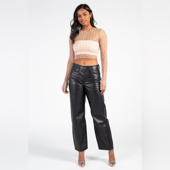 FASHION CLASSIC COLLECTION Nude Sheer Mesh See Through Pearl Diamond Crop Top, L - Picture 3 of 16